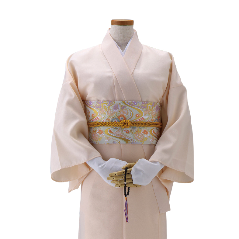 仏衣セット　ちりめん　ベージュ　飾り帯付　（仏衣ベージュ・帯白系）