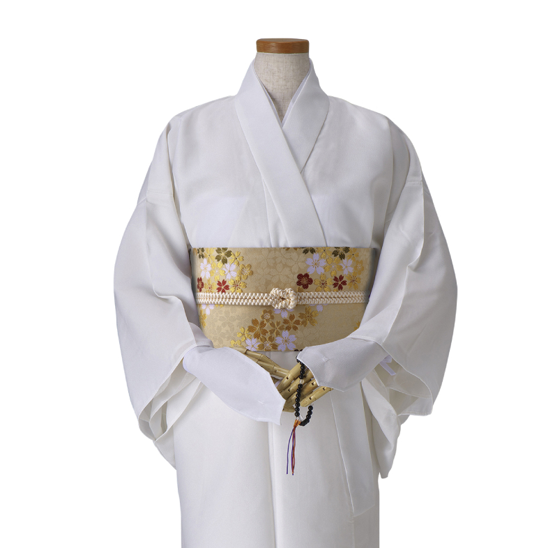 仏衣セット　ちりめん　白　飾り帯付　（仏衣白・帯ベージュ系）